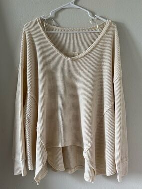 Cozy Cream Waffle Knit V-Neck Top